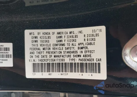 2016 Honda Accord Lx из США, поврежденный, VIN 1HGCR2F33GA173369